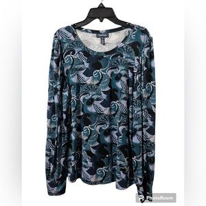 ModCloth NWT Peacock Print Top Womens Sz M Soft Jersey Balloon Sleeve Black/teal
